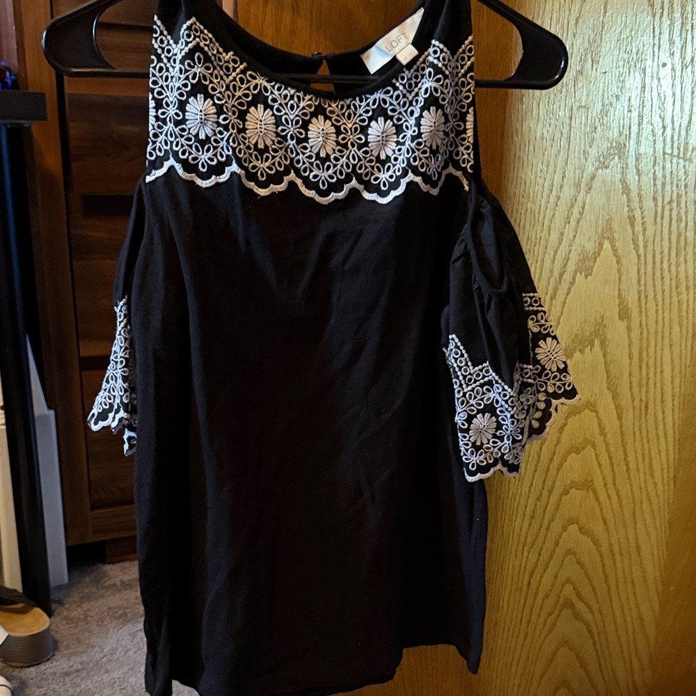 LOFT Black Blouse with White Embroidery